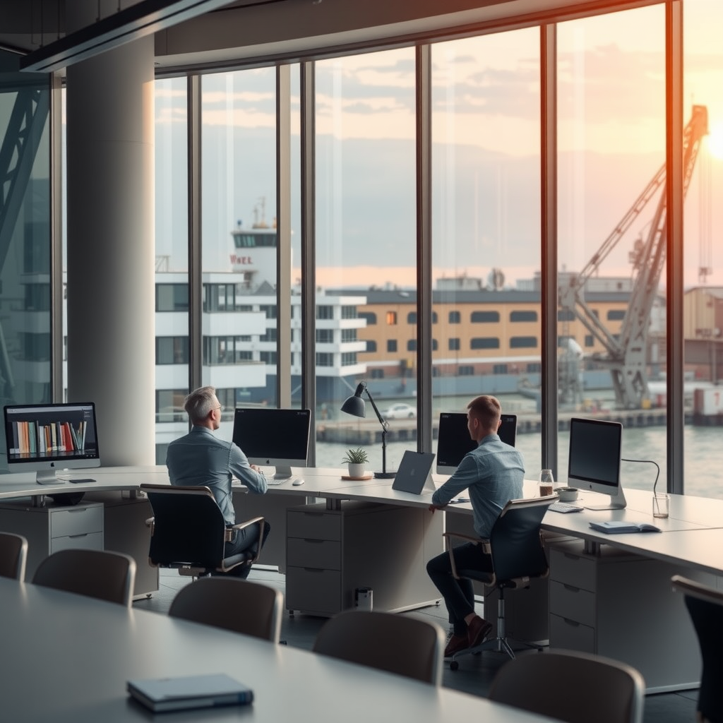 Современное рабочее пространство Teachion Gate с видом на верфь, где команда разрабатывает стратегии построения бизнеса