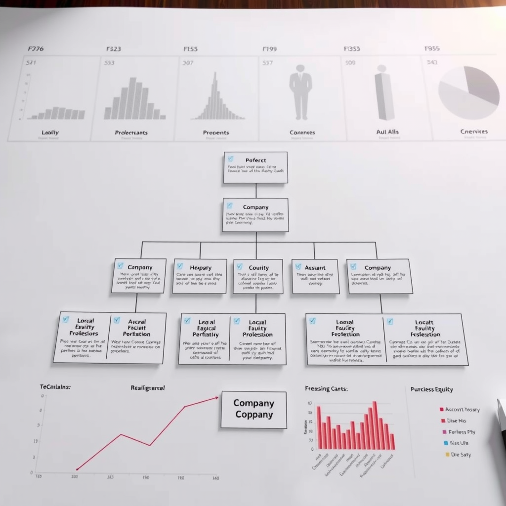 Детальная схема организационной структуры бизнеса с документами и графиками, показывающая правильное распределение долей между основателями и юридические аспекты создания компании