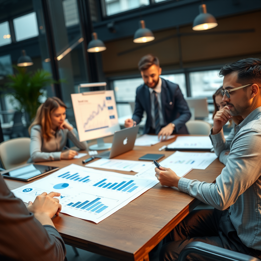 Концептуальное изображение планирования бизнес-структуры с документами, схемами организационной структуры и деловыми людьми, обсуждающими стратегию за современным столом в профессиональном офисе