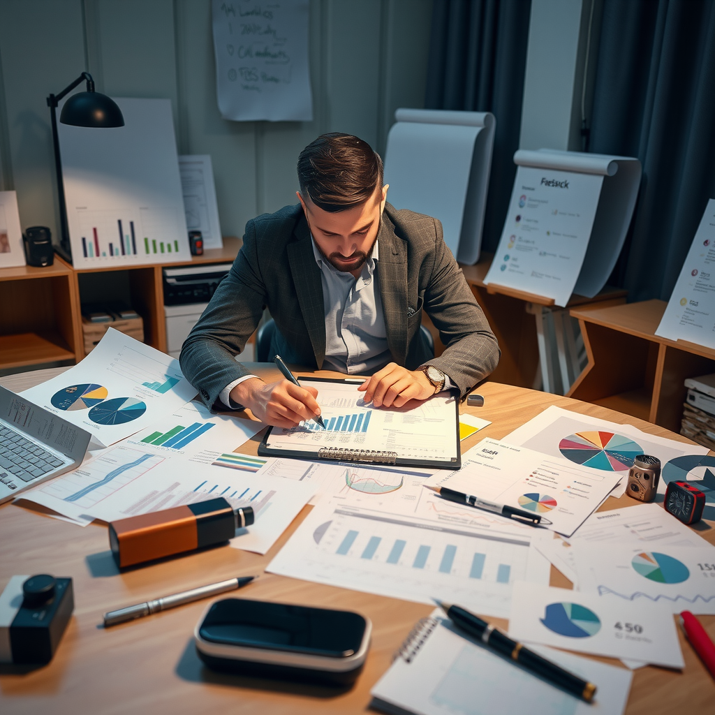 Предприниматель анализирует бизнес-концепцию с помощью графиков, диаграмм и заметок на большом столе, окруженный прототипами продуктов и отзывами клиентов
