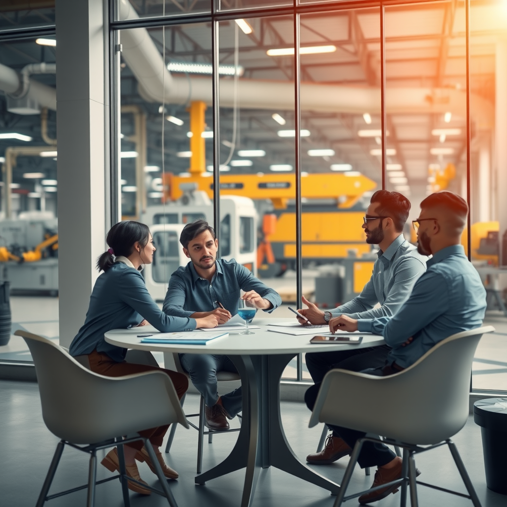 Команда растущей компании проводит стратегическую встречу в современном офисе с видом на производственный цех, демонстрируя баланс между корпоративной культурой и операционным масштабом