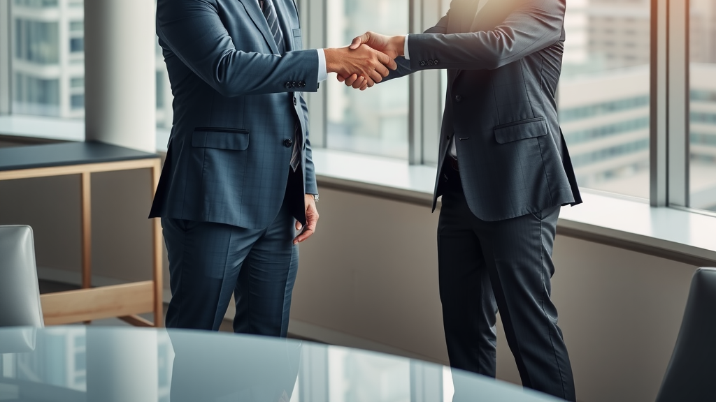 Два деловых партнёра пожимают руки в современном офисе с панорамными окнами, символизируя успешное заключение партнёрского соглашения