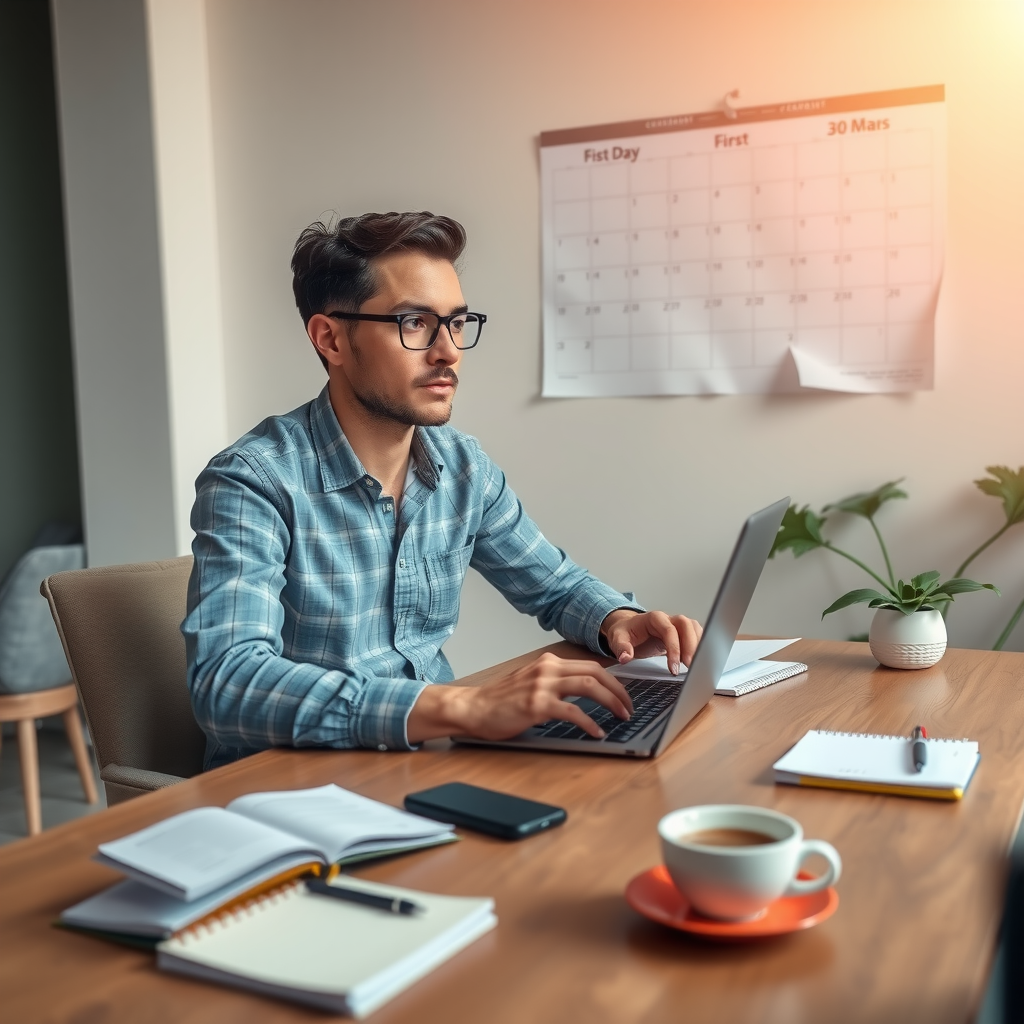 Предприниматель работает за столом с ноутбуком и планировочными документами, календарь на стене с отмеченными первыми 90 днями, чашка кофе, блокнот, офисная среда стартапа