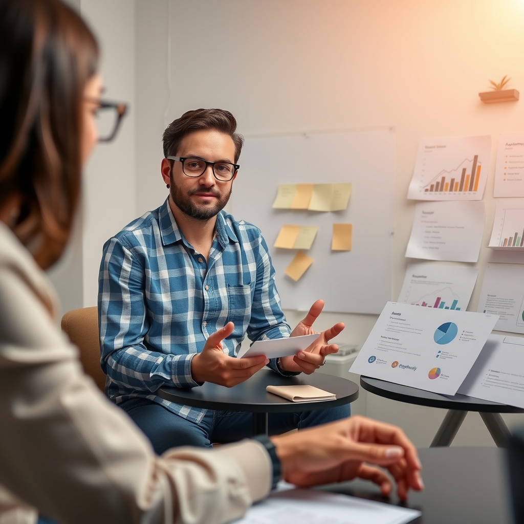 Предприниматель проводит интервью с потенциальными клиентами, тестирует прототип продукта, собирает обратную связь на досках с заметками и графиками валидации бизнес-концепции