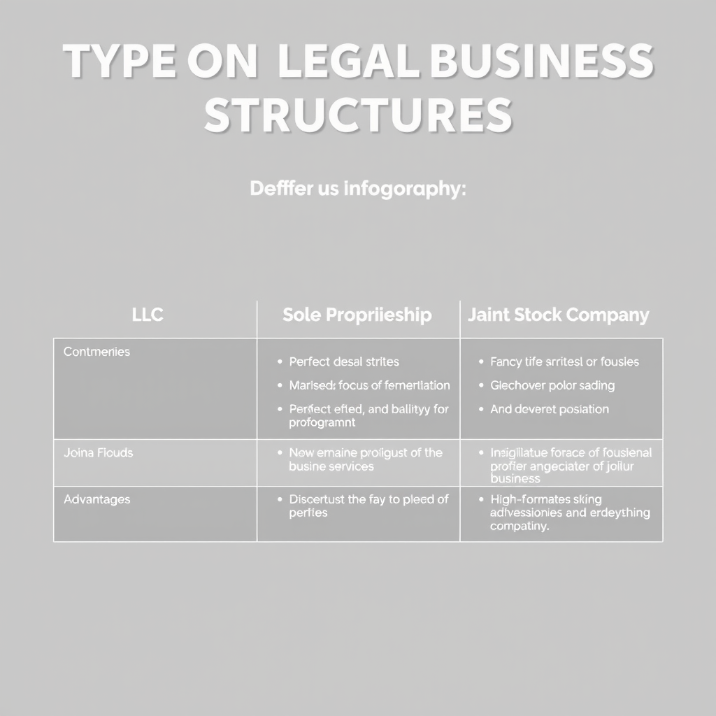 Инфографика, показывающая различные типы организационно-правовых форм бизнеса: ООО, ИП, АО, с их ключевыми характеристиками, преимуществами и недостатками, представленными в виде сравнительной таблицы