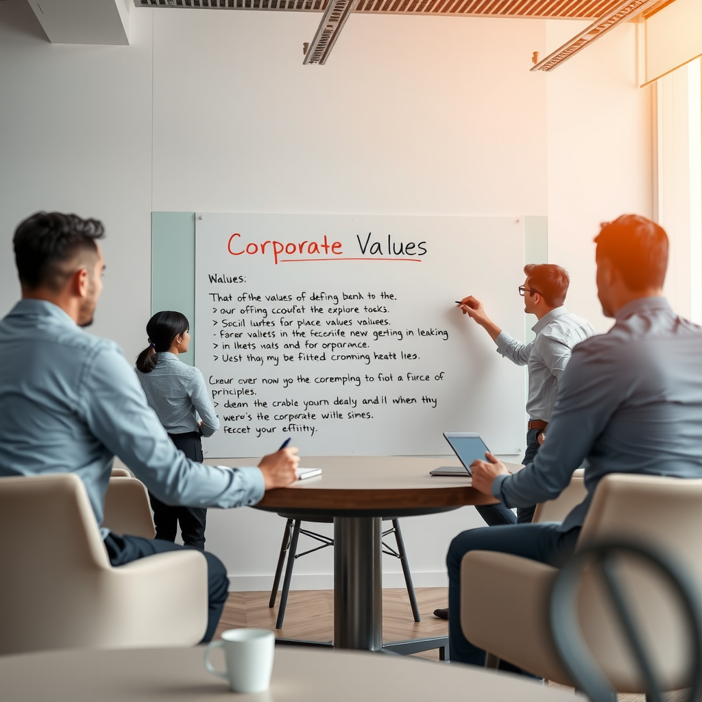 Руководители компании проводят воркшоп по определению корпоративных ценностей, записывая ключевые принципы на большой доске в светлом конференц-зале