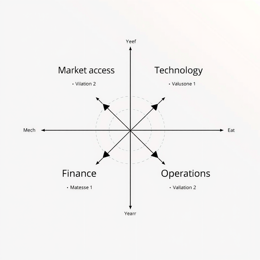 Диаграмма стратегической матрицы партнёрства с четырьмя квадрантами: доступ к рынкам, технологии, финансы, операции, с соединительными стрелками и критериями оценки