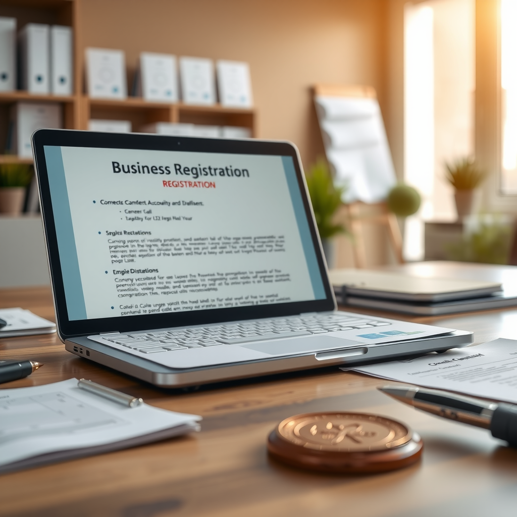 Документы регистрации бизнеса, ноутбук с бухгалтерским программным обеспечением, юридические документы, печать компании, организованный рабочий стол, профессиональная офисная среда