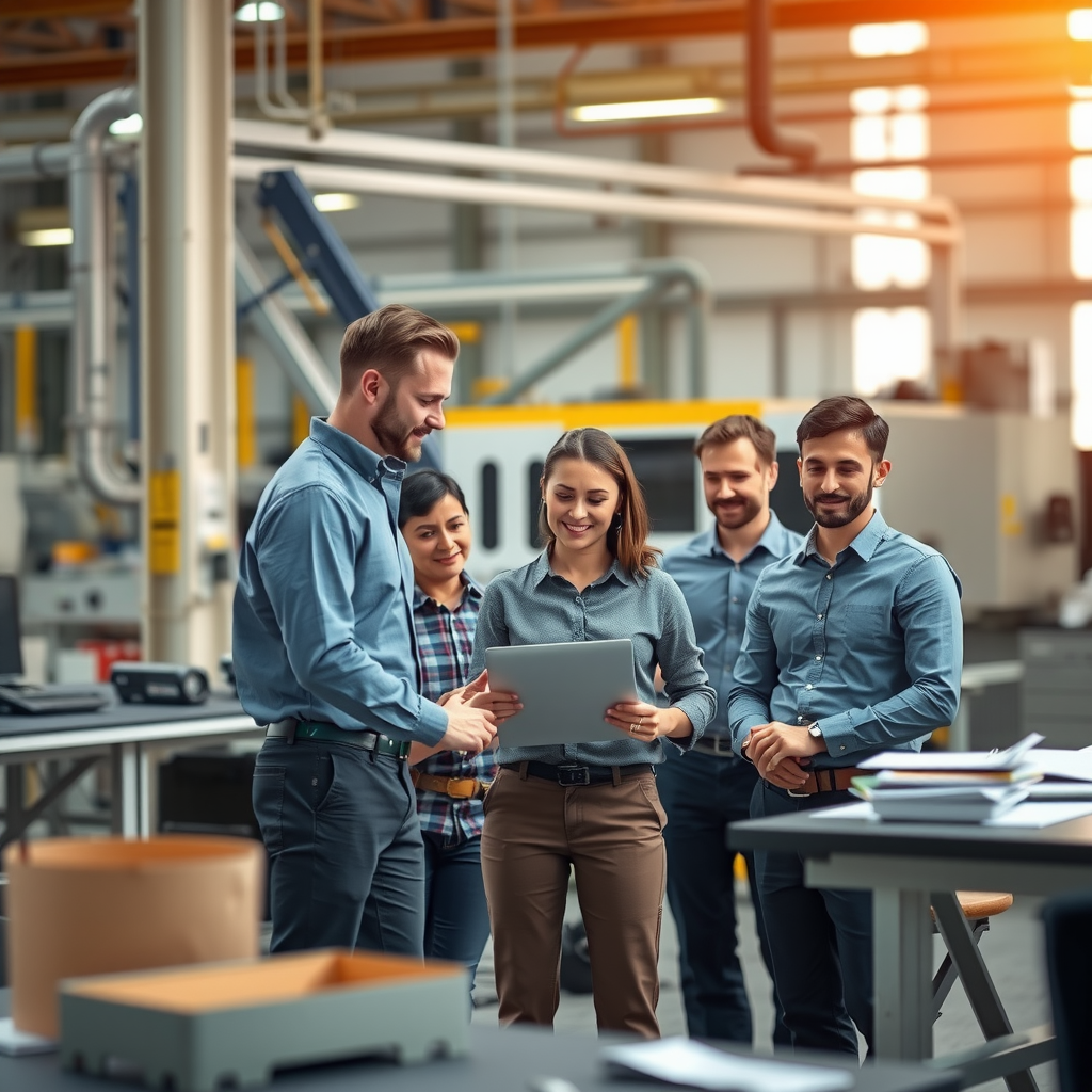 Растущая команда на производственном предприятии, сотрудники взаимодействуют в современном офисном пространстве, сохраняя корпоративную культуру и ценности во время масштабирования бизнеса