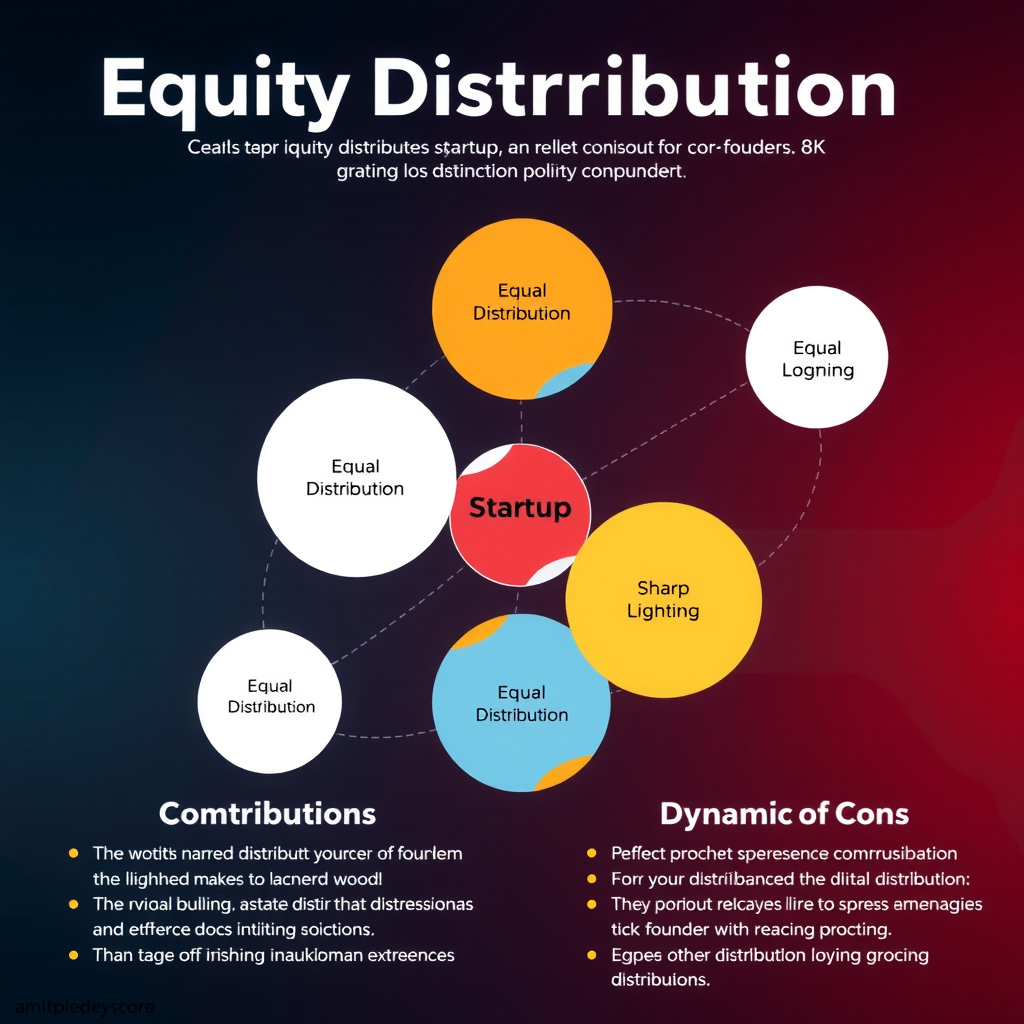 Диаграмма распределения долей в стартапе между соучредителями, показывающая различные сценарии: равное распределение, распределение по вкладу, динамическое распределение с визуализацией плюсов и минусов каждого подхода