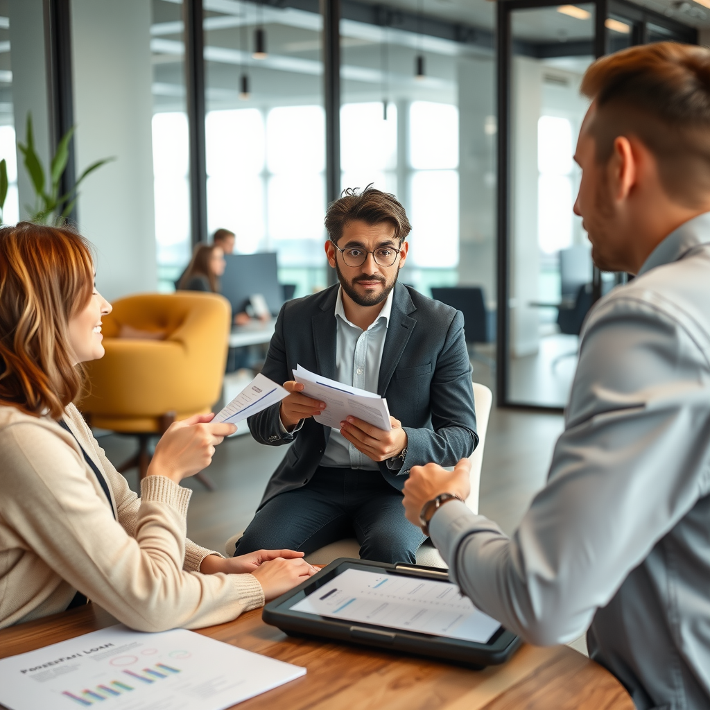 Предприниматель проводит интервью с потенциальным клиентом в современном офисе, делая заметки и активно слушая, на столе лежат анкеты и планшет с данными опроса