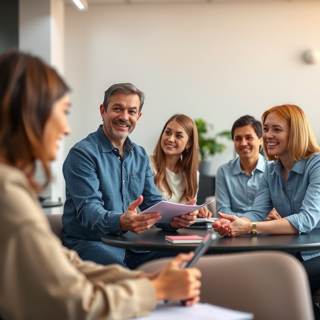 Новые сотрудники участвуют в интерактивной сессии онбординга, где опытные коллеги делятся историями компании и объясняют корпоративные ценности в дружественной атмосфере