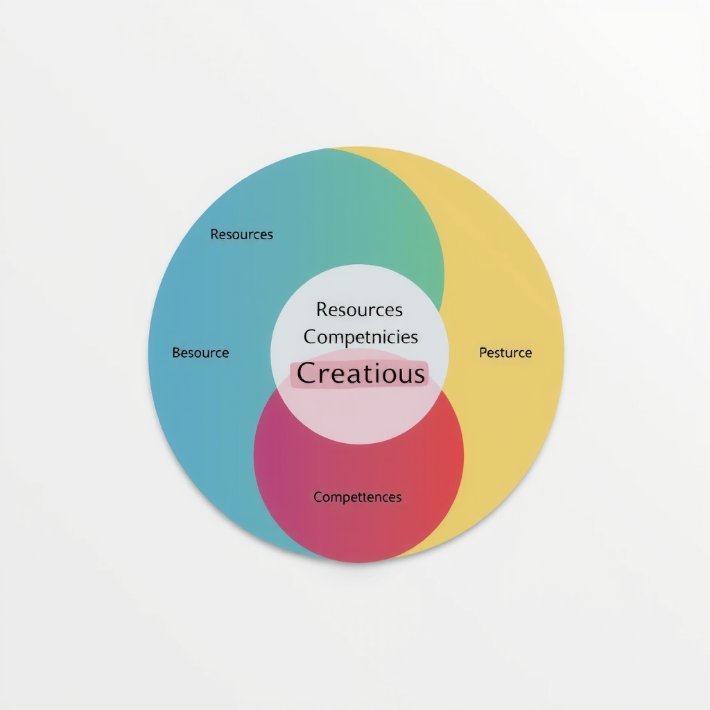 Диаграмма Венна, показывающая пересекающиеся круги ресурсов двух компаний, компетенций и зоны создания общей ценности в центре