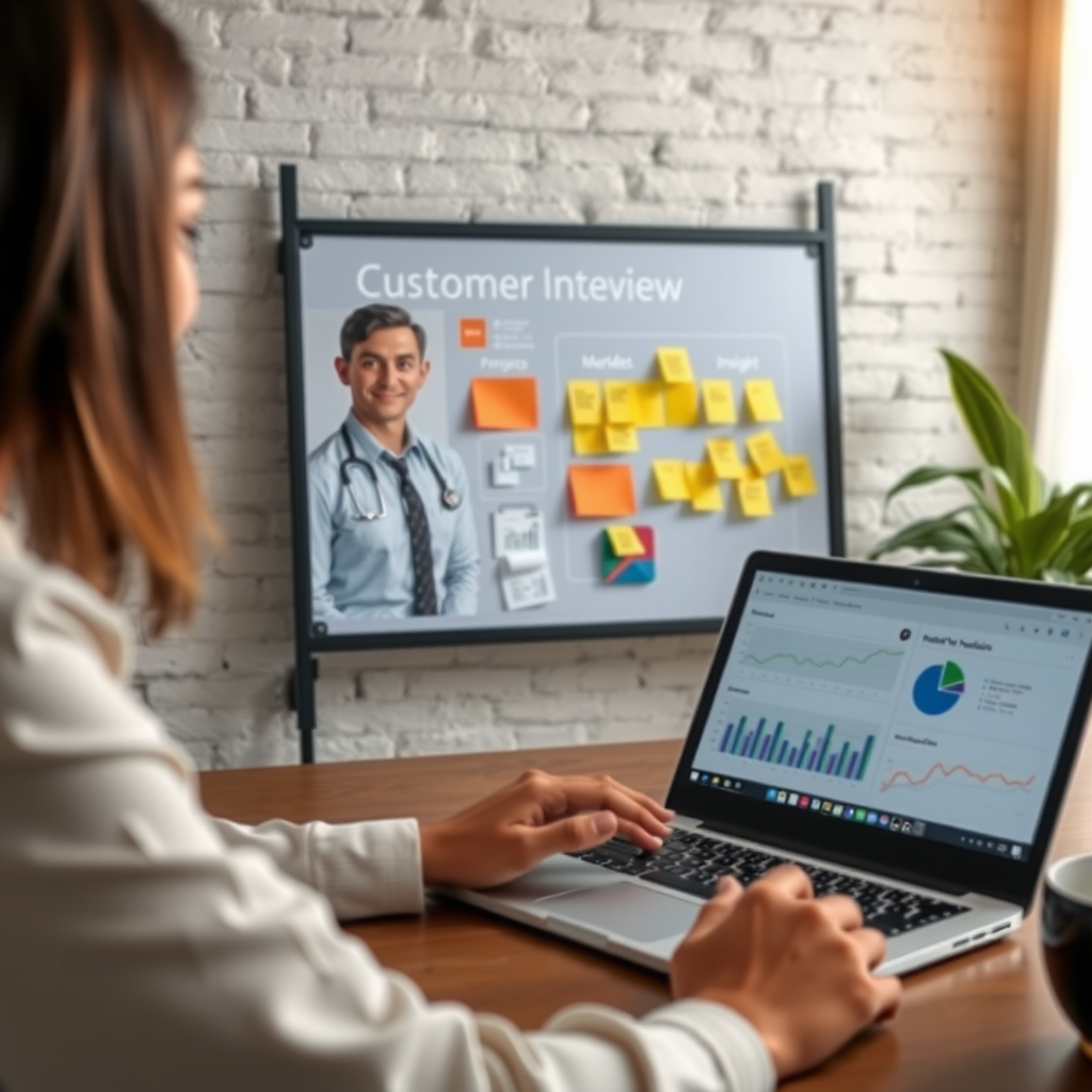 Настройка интервью с клиентами, доска с портретами пользователей, документы исследования рынка, ноутбук с аналитикой, стикеры с инсайтами, совместное рабочее пространство