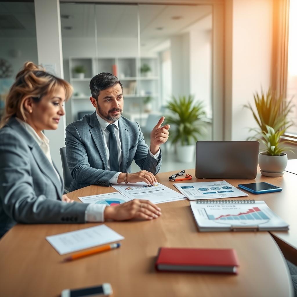 Деловая встреча двух предпринимателей, обсуждающих стратегическое партнёрство, с документами и схемами взаимовыгодного сотрудничества на столе в современном офисе