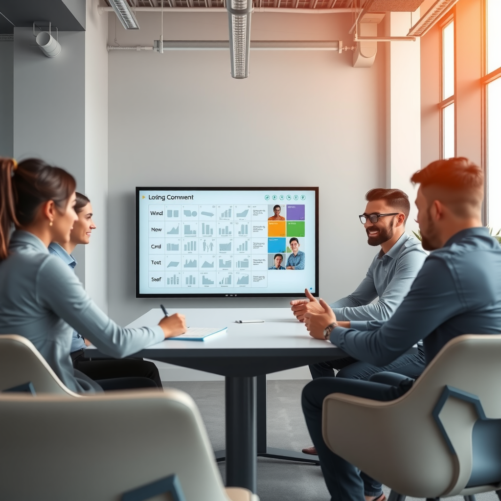 Межотдельная встреча в современном офисе, где сотрудники из разных подразделений обсуждают общие проекты, используя интерактивную доску и цифровые инструменты коллаборации