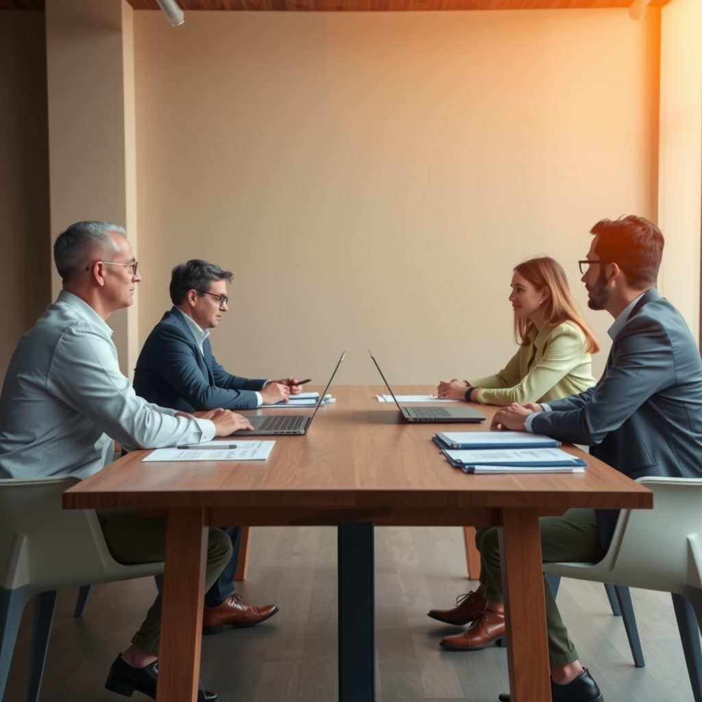 Сцена переговоров за столом с двумя командами, сидящими друг напротив друга, документы и ноутбуки на столе, атмосфера сотрудничества