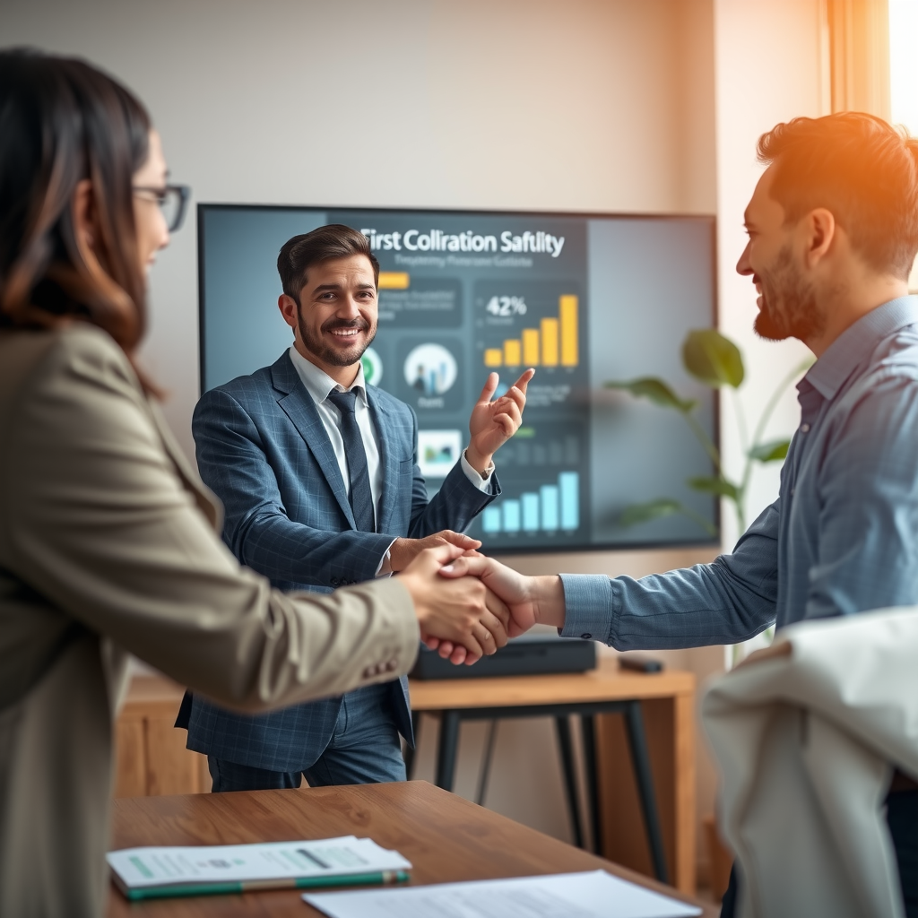 Встреча по продажам с первым клиентом, рукопожатие, подписание контракта, демонстрация продукта на экране, воодушевленный предприниматель, профессиональная бизнес-обстановка