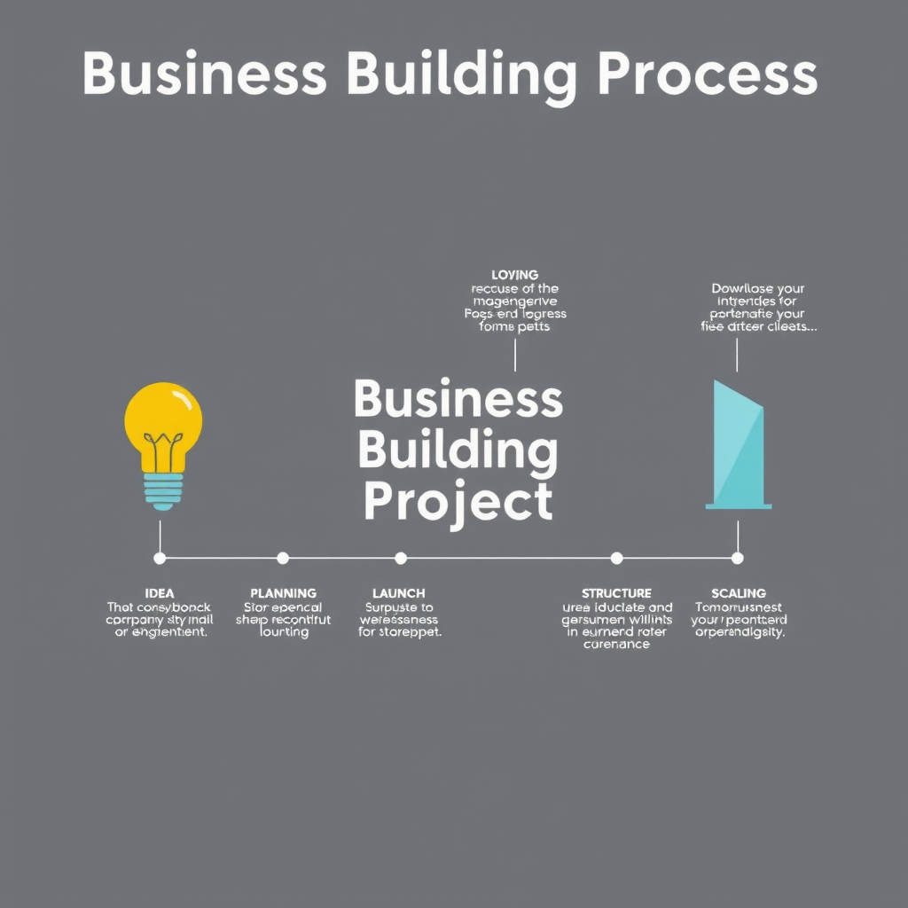 Инфографика процесса построения бизнеса: от идеи через планирование, запуск, структурирование до масштабирования