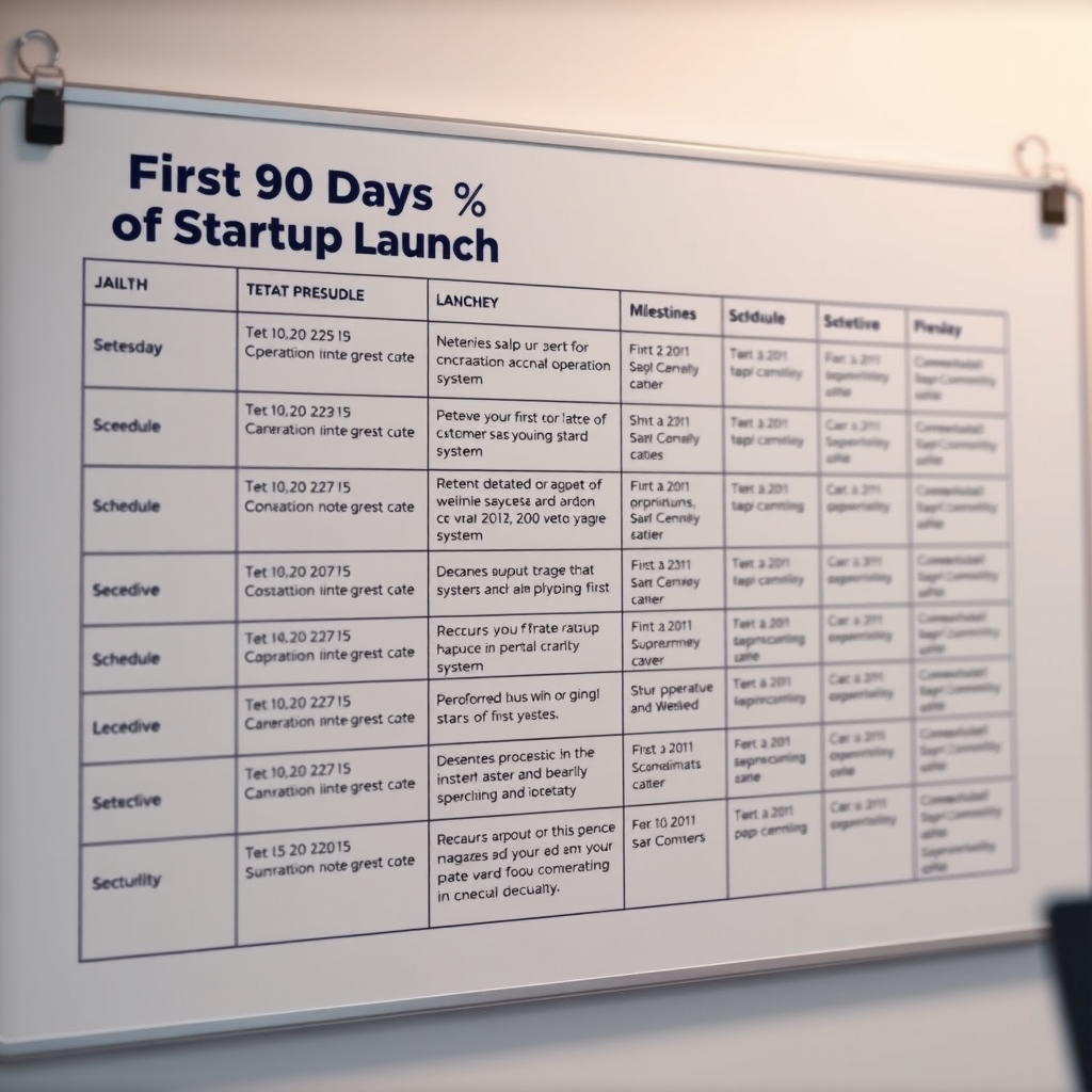 Детальный план-график первых 90 дней запуска стартапа с контрольными точками, задачами по настройке операционных систем и привлечению первых клиентов на доске планирования