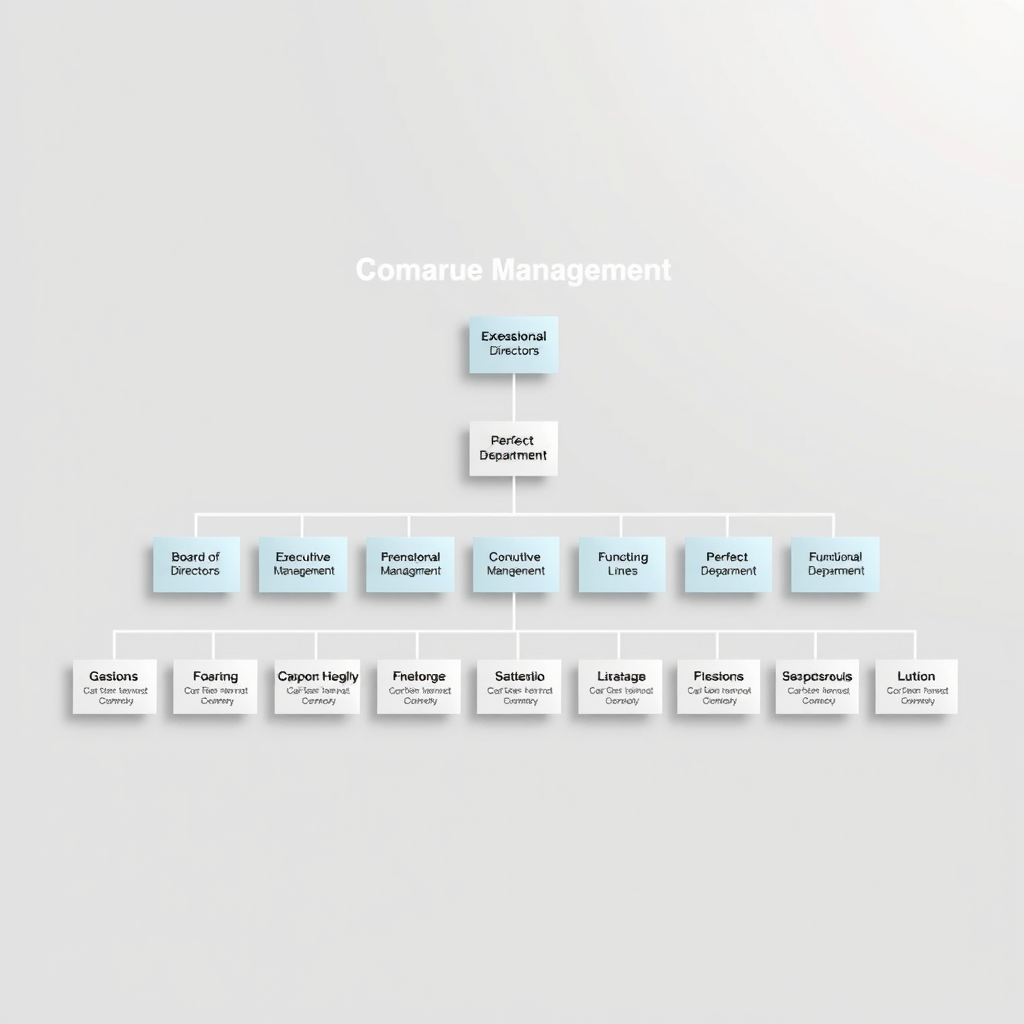 Организационная схема управления компанией, показывающая различные уровни: совет директоров, исполнительное руководство, функциональные подразделения, с четким обозначением линий подчинения и зон ответственности