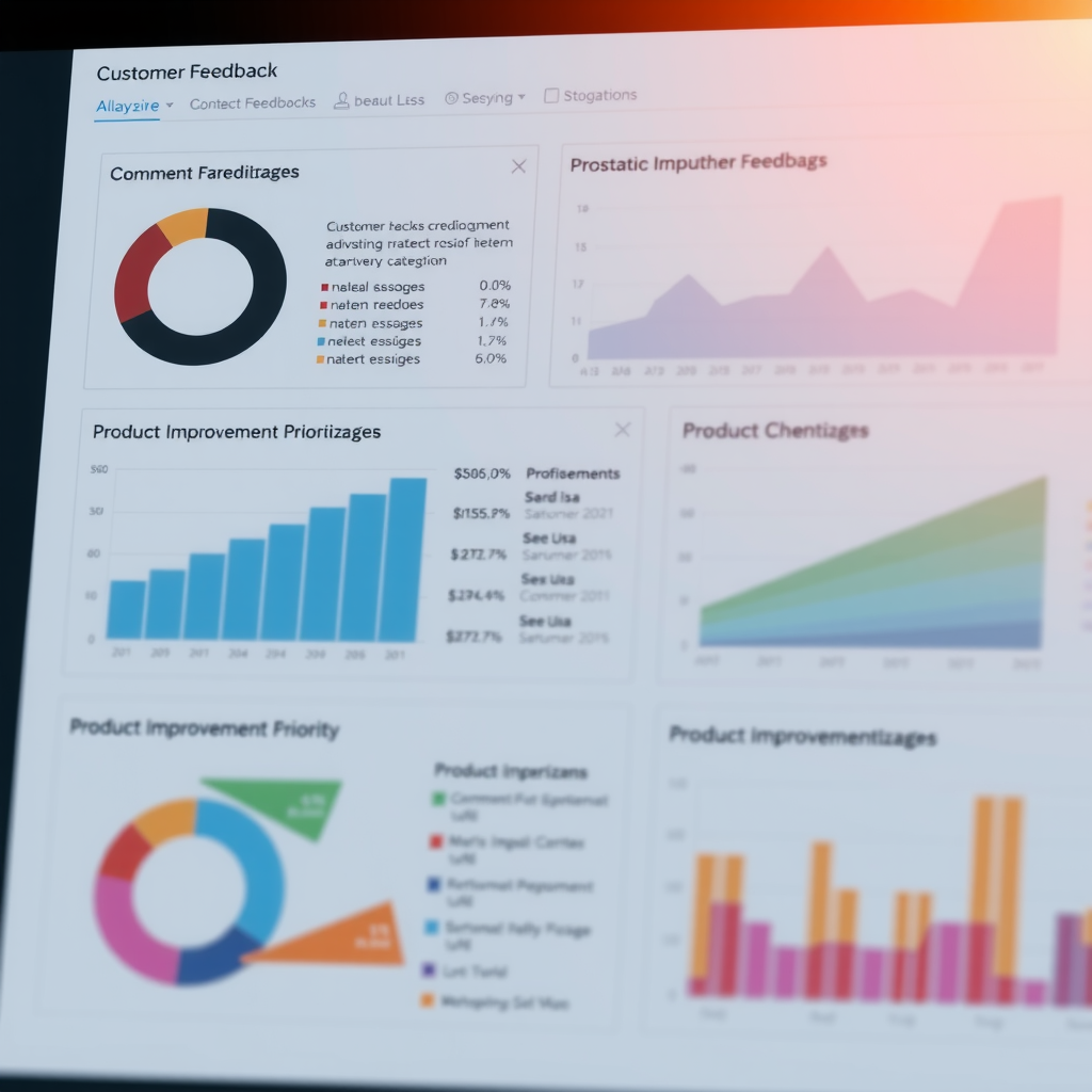 Аналитическая панель с графиками и диаграммами, показывающими анализ обратной связи клиентов, категоризацию комментариев и приоритизацию улучшений продукта