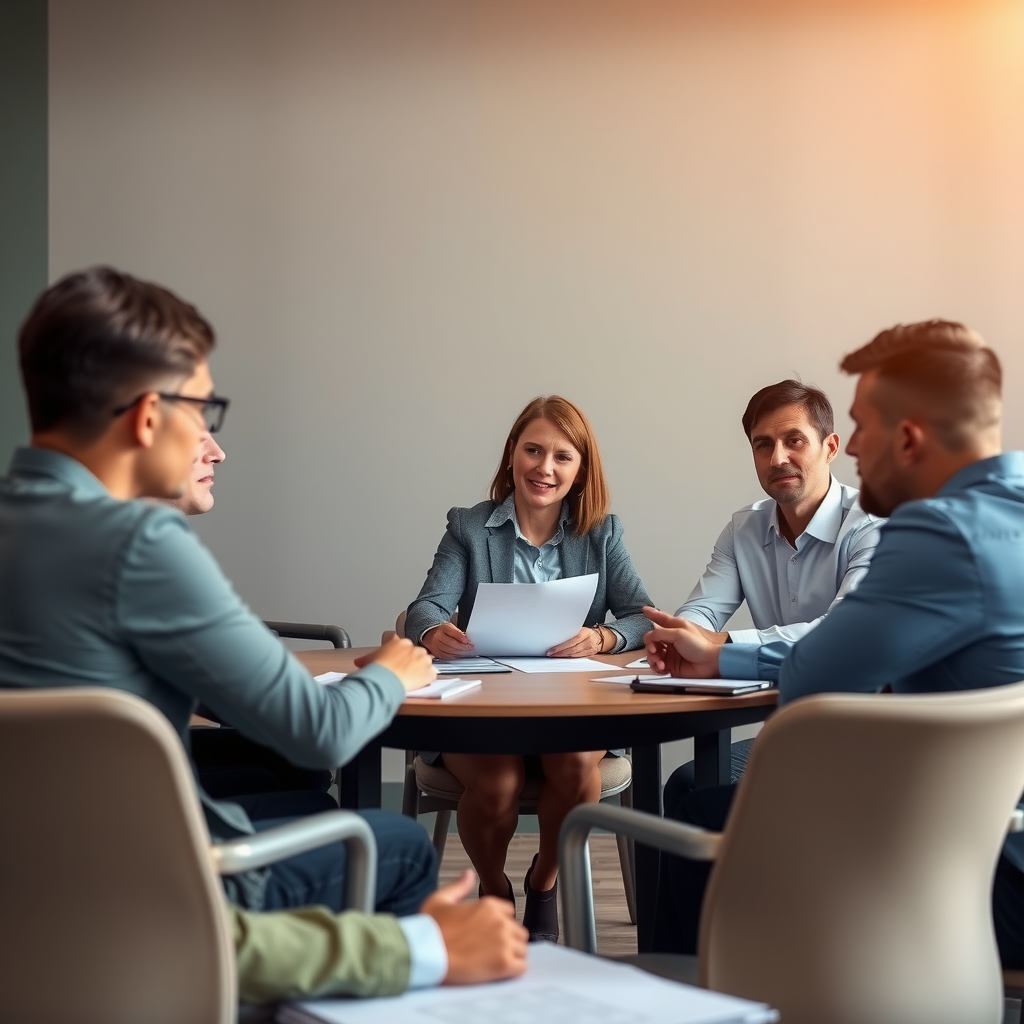 Семинар по развитию лидерских навыков для менеджеров среднего звена, где участники работают в малых группах над кейсами и обсуждают стратегии делегирования и развития команд