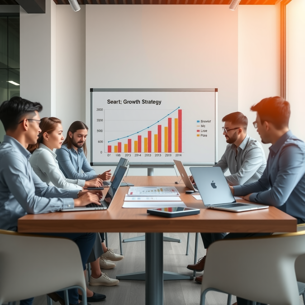 Командная встреча за столом с графиками и диаграммами, доска со стратегией роста, ноутбуки с метриками, совместная сессия планирования, современный офис