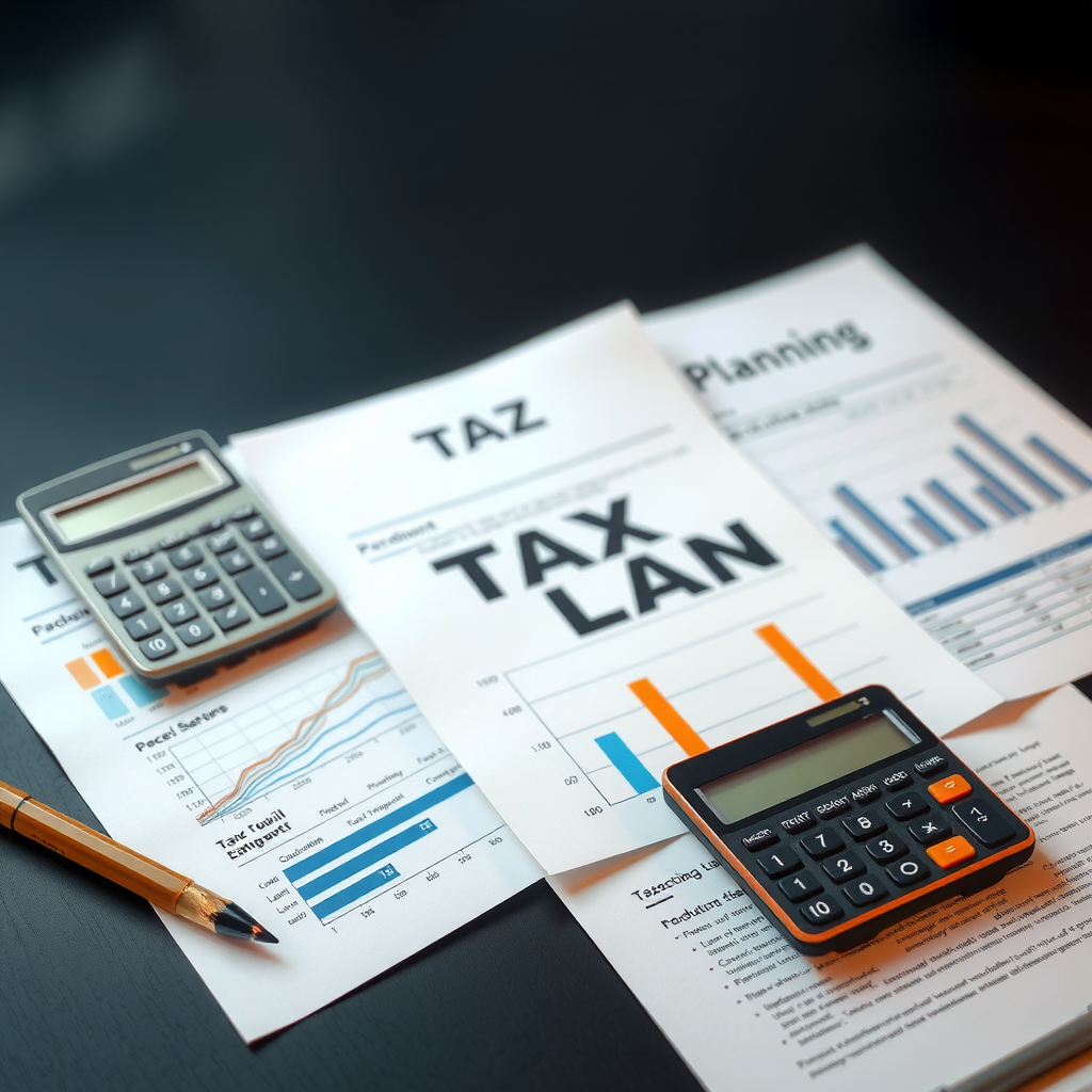 Концептуальная иллюстрация налогового планирования с калькулятором, документами, графиками налоговой нагрузки, сравнением различных систем налогообложения и визуализацией потенциальной экономии при правильном планировании
