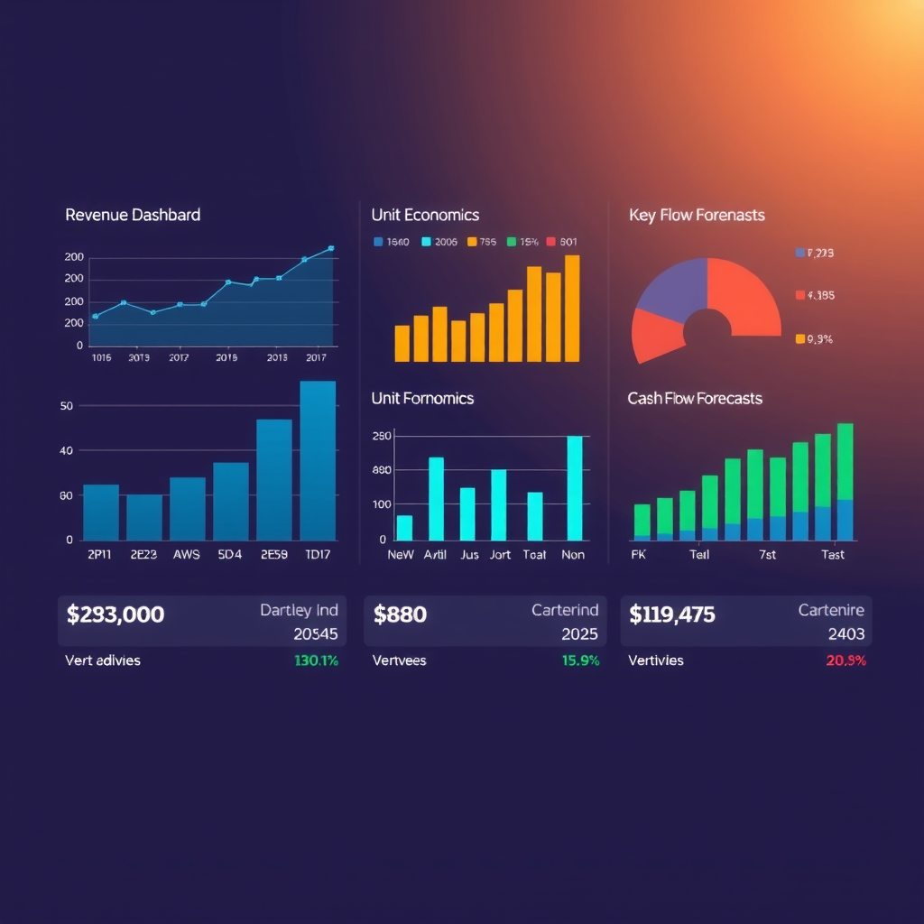 Финансовый дашборд с графиками роста выручки, расчетами юнит-экономики, прогнозами денежных потоков и ключевыми метриками эффективности бизнеса