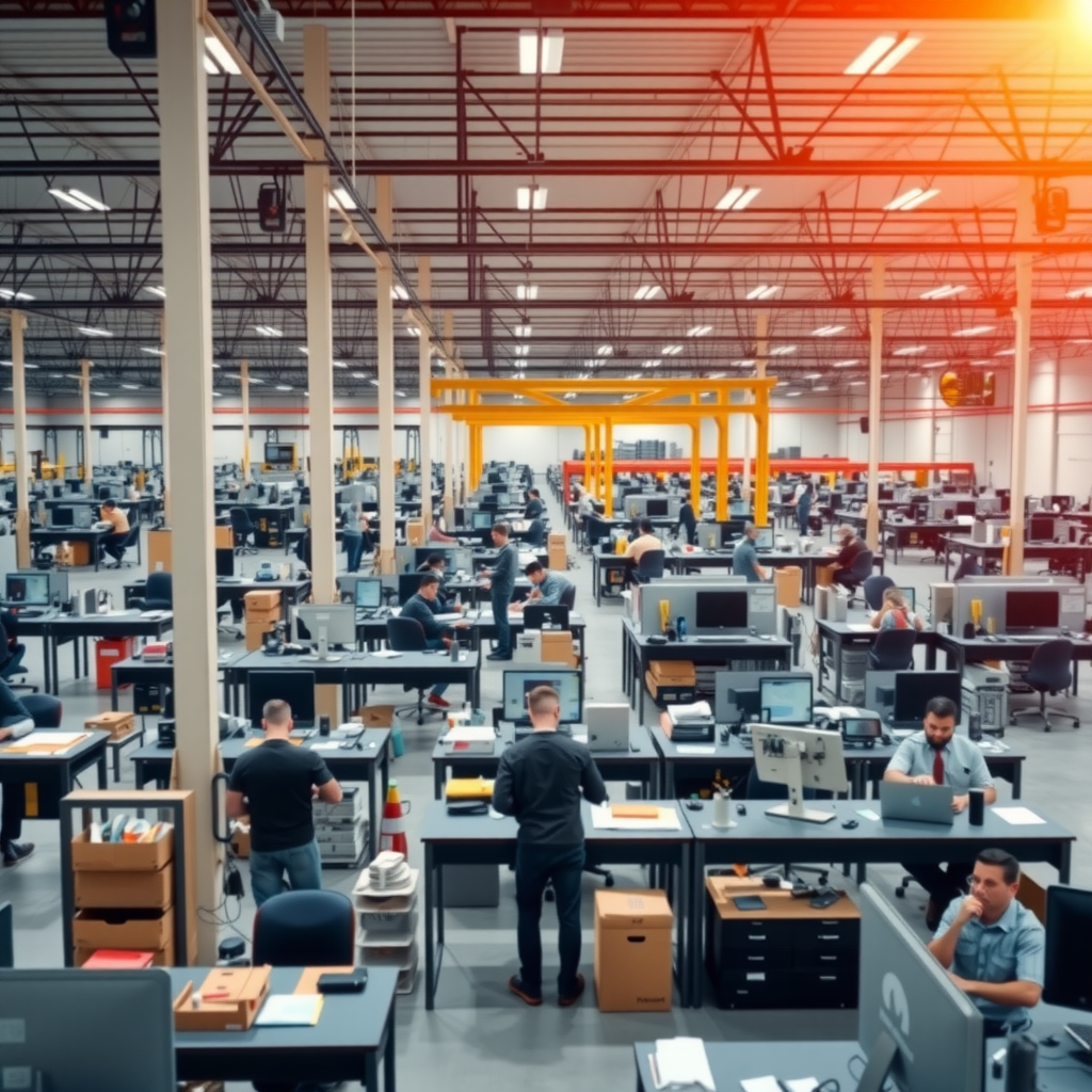 Панорамный вид на современное производственное предприятие с офисными помещениями, где видна слаженная работа большой команды, символизирующая успешное масштабирование с сохранением корпоративных ценностей