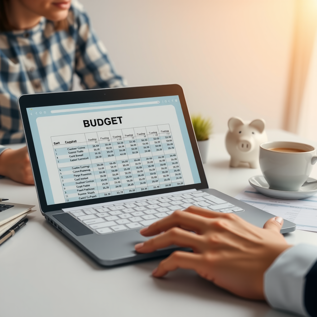 Таблица планирования бюджета на ноутбуке, калькулятор, финансовые документы, копилка, чашка кофе, сосредоточенный предприниматель управляет финансами, минималистичное рабочее пространство