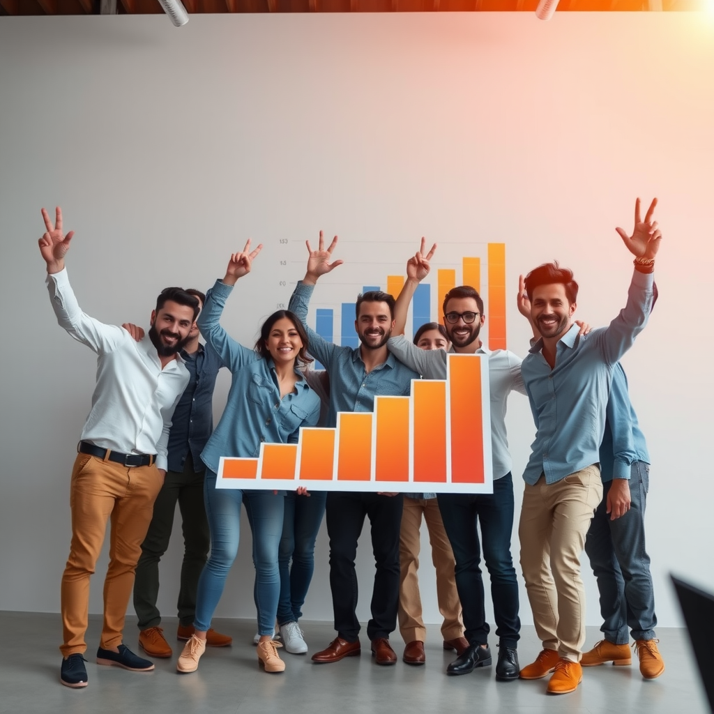Успешная команда предпринимателей празднует достижение ключевых метрик роста, на фоне графиков показывающих масштабирование бизнеса после успешной валидации