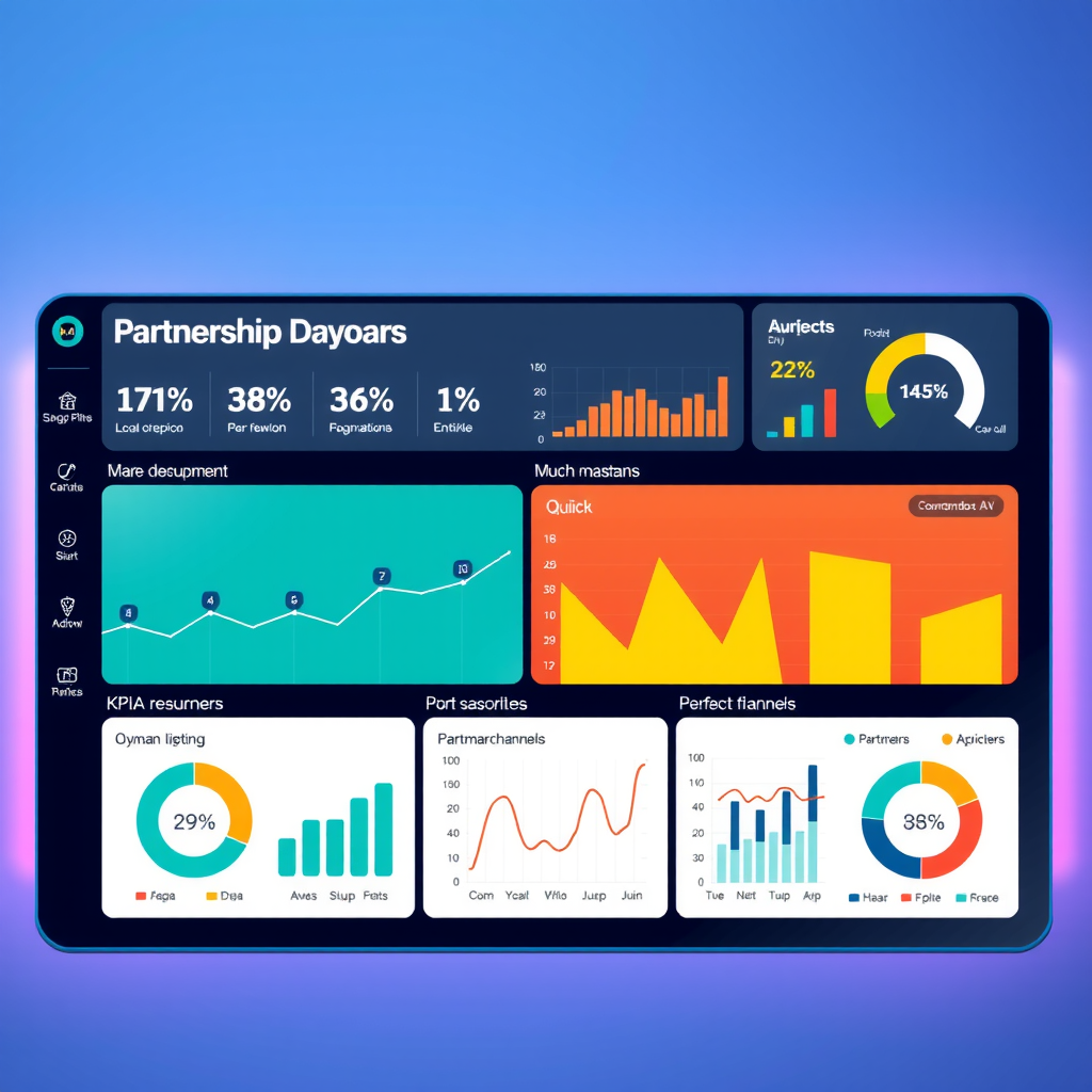Панель управления партнёрством, показывающая KPI, вехи, каналы коммуникации и метрики эффективности в современном интерфейсе